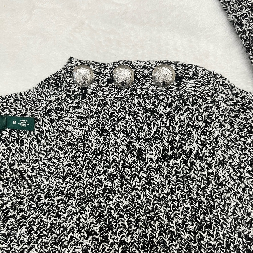 Lauren Ralph Lauren Black White Marled Sweater Women’s M Shoulder Buttons - Picture 9 of 12